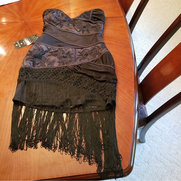 NWT BEBE Beaded Black Fringe Flapper Dress - Picture 2 of 13